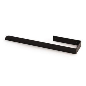 May include: A matte black metal towel bar featuring a long, horizontal arm with a rounded end and a perpendicular mounting bracket on the right side. The bracket includes two small circular holes for wall installation, providing a clean, linear design.