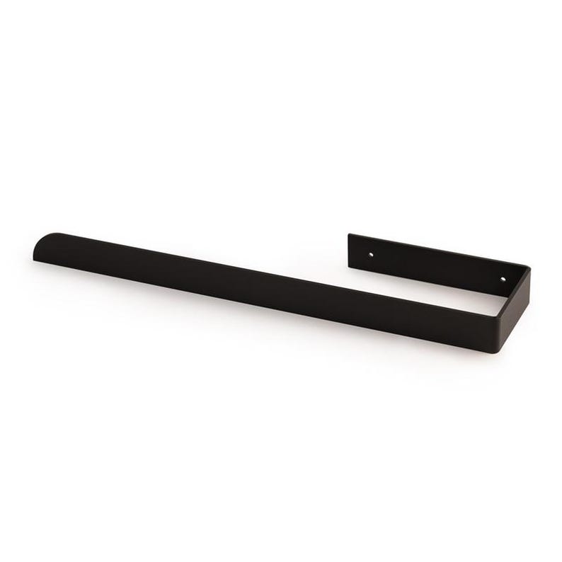 May include: A matte black metal towel bar featuring a long, horizontal arm with a rounded end and a perpendicular mounting bracket on the right side. The bracket includes two small circular holes for wall installation, providing a clean, linear design.