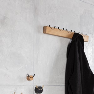 Wooden coat rack with brass or steel hooks I Modern wall mounted coat peg rails for clothes, towels I Entryway coat hanger image 3