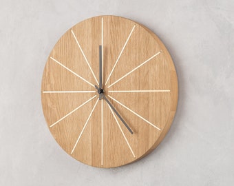 Modern wooden wall clock SUNNY I Made from oak wood, brass I Unique design I Diameter 32 cm/12.6 in I Designer clock