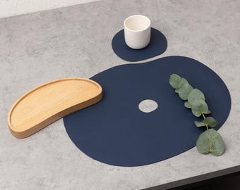 Dark Blue Leather Placemat and Coaster Set: Scandinavian Table Decor