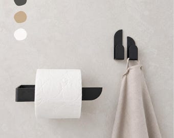 Adhesive restroom accessories set I Modern metal toilet paper holder and wall hooks