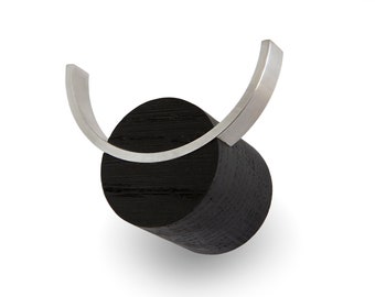 Modern Black Wood Wall Hook: Stainless Steel Detail, Minimalist Decor