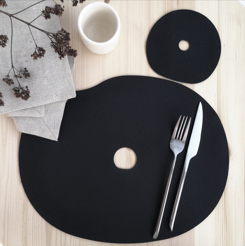 Black Leather Placemats Table Placemat And Coaster Modern Etsy