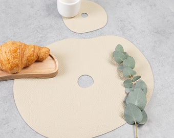 Real leather ivory placemat and coaster I Cream table mats for modern table setting I Minimalist table decor