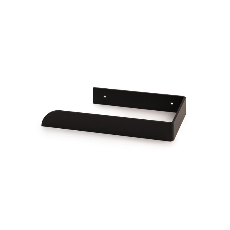 May include: A matte black metal toilet paper holder featuring a U-shaped design with a flat back plate. The back plate includes two pre-drilled circular holes for mounting purposes, and the arm extends outward to hold a roll of toilet paper.