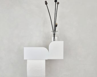 Minimalist white metal toilet paper holder with shelf BAUHAUS I  White bathroom accessories