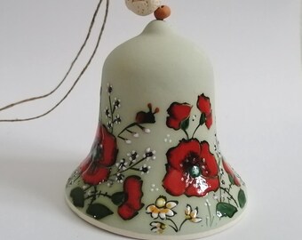 Ceramic bell handmade, Pottery Bell, Ceramics and Pottery, Handmade green bell, Bell decoration, Flower decal, Ceramics and Pottery