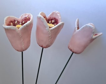 Ceramic pink tulip, Handmade flowers tulips