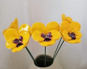 Ceramic Yellow Pansies, Handmade Yellow Pansy, Yellow flowers, Pansy gift, Ceramic flowers, Pottery flowers