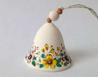 Ceramic white bell, Pottery bell, Handmade bell, Flower decal, Mini bells, Bell flower, Flowers decor, Ornament bell, Pottery,