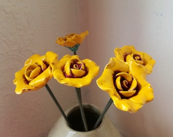 Ceramic Yellow Rose, Pottery Rose, Ceramic flowers, Artificial flowers, Handmade flowers,Fake Roses, Rose decal