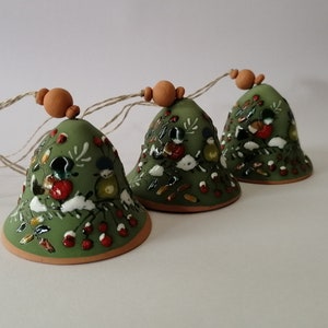 Christmas green bell, Christmas ceramics, Christmas pottery bell, Christmas tree decor, Christmas ornaments