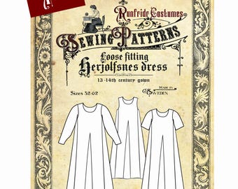 DIGITAL Runfridr sewing pattern- Loose fitting Herjolfsnes medieval dress. Size 32-44