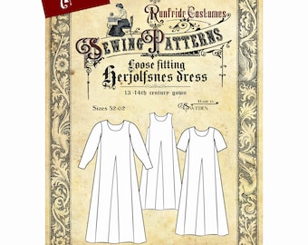 DIGITAL Runfridr sewing pattern- Loose fitting Herjolfsnes medieval dress. Size 46-62