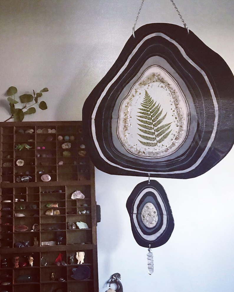 Resin Art Geode Painting Bohemian Decor Fern Art Agate Slice Wooden Wall Hanging