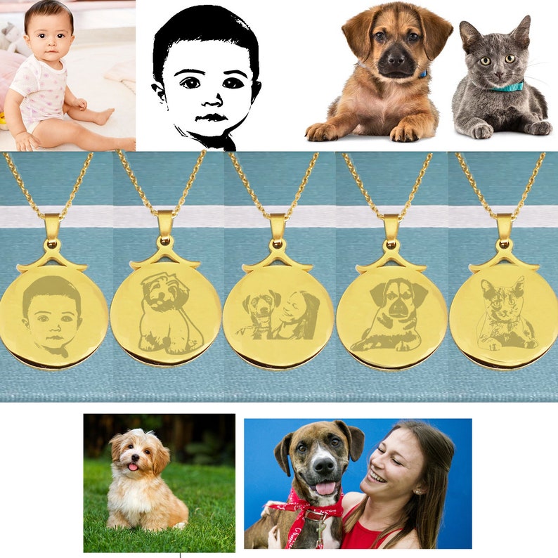 May include: Five gold necklaces with round pendants. Each pendant features a different image: a baby, a dog, a dog and a woman, a dog, and a cat. The pendants are on a blue background.