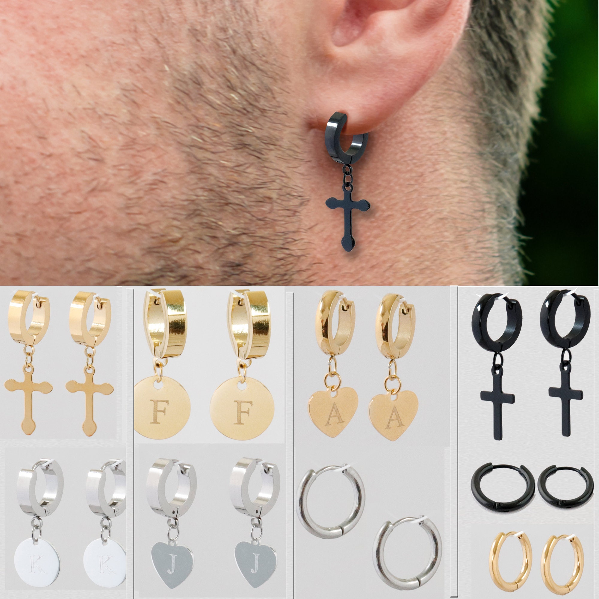 Men Cross Earrings,Cross Hoop Earrings,Cross Earrings, Hoop with Cros…