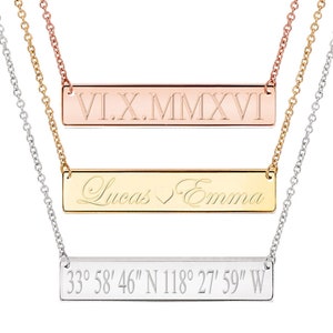 Custom Bar Necklace, Coordinate Bar Necklace, Name Bar Necklace, Roman Numeral Necklace,  Gold Necklace
