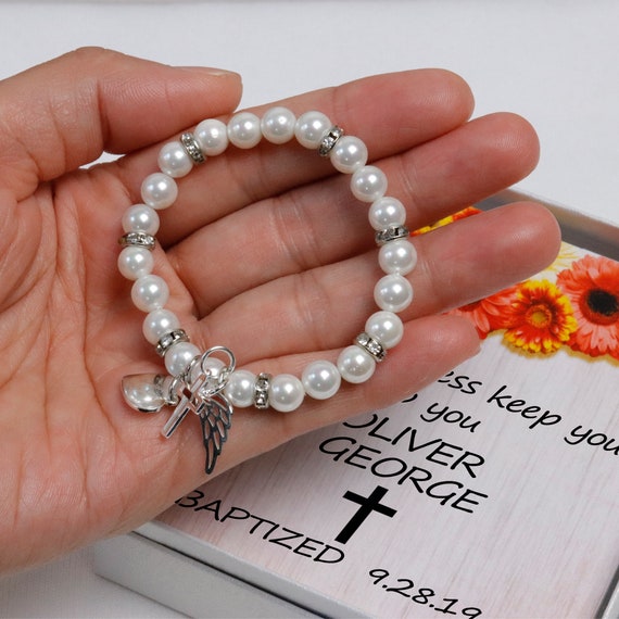 Flower Girl Gift baby Baptism Bracelet first Communion Pearl Bracelet With Sterling Silver Heart Initial Cross and Angle Wings Etsy Australia