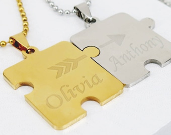 Best Friends Necklace, Couples Jewelry, Personalized Puzzle Necklace, Gold Puzzle Piece Necklace Set Custom Engraved Free, BFF Necklace
