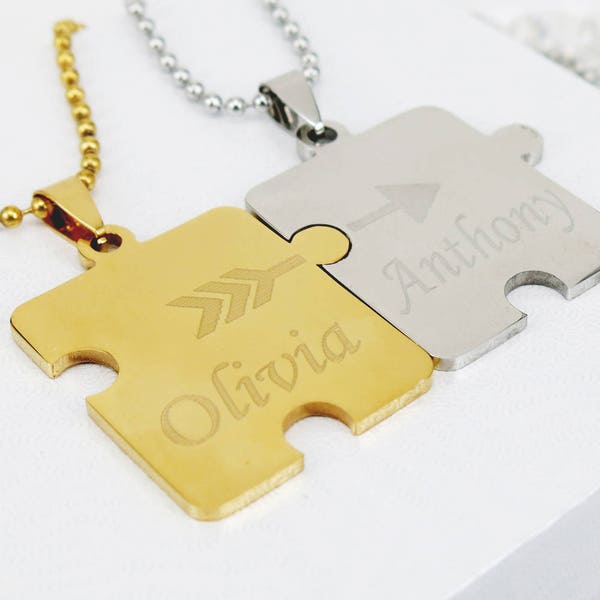 Best Friends Necklace, Couples Jewelry, Personalized Puzzle Necklace, Gold Puzzle Piece Necklace Set Custom Engraved Free, BFF Necklace