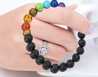 Pulseira de cura de 7 chakras com lava vulcânica, pulseira de meditação Mala - proteção, energia, cura