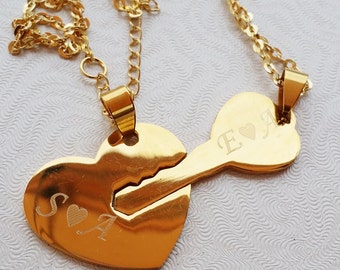 Heart and Key Necklace, Couples Necklace Set, Heart Necklace Gold ,Silver Name Necklace, Boyfriend Girlfriend Necklace,couple necklace