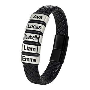 Personalized Men’s Leather Bracelet with Name Beads – Custom Engraved Gift for Dad, Husband, Son