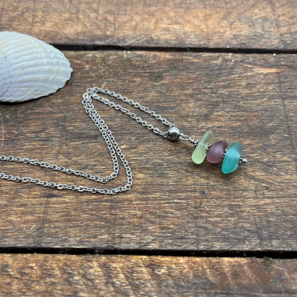 Scottish sea glass stack pendant, Scottish purple seaglass necklace, colourful sea glass