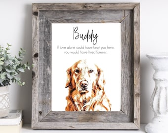 May include: A framed print with a watercolor illustration of a golden retriever dog. The print has the text "Buddy" and "If love alone could have kept you here, you would have lived forever."