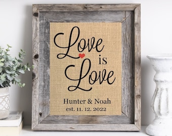 Love is Love Burlap Print - Same Sex Wedding Gift, Rustic Quote Art