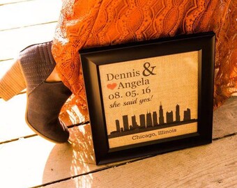 Personalized Engagement Gift - Burlap Skyline Print with Frame