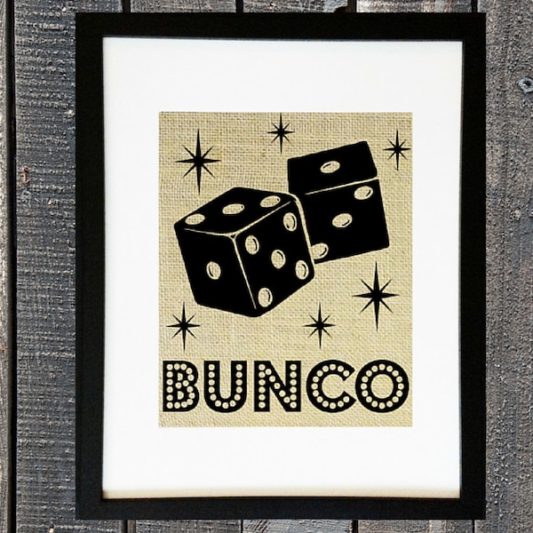 BUNCO Party Group Decor Ladies Girls Night Out Welcome to Bunko Game Night Hostess Gift Idea Burlap Sign with Dice Wall Hanging Table Decor