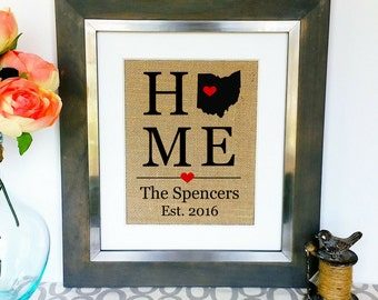 CUSTOM House Warming Gift Housewarming Gifts for New Home Unique Our First Home State Burlap Print Family Name Address Sign Moving Present