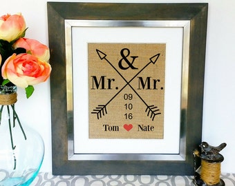 Personalized Same Sex Marriage Gift for Couple Gay Lesbian Gifts for Couples Wedding Date Name Sign Burlap Print Unique Custom Gift Ideas