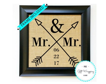 Regalo de boda personalizado de arpillera con marco, arte de pareja del mismo sexo