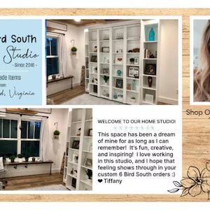 May include: A white bookshelf with multiple shelves filled with various items, including books, decorative items, and framed photos. The bookshelf is in a home studio with a white wall and a wooden floor. The text "WELCOME TO OUR HOME STUDIO!" is written on a white background with a black heart and the text "Tiffany" below it.