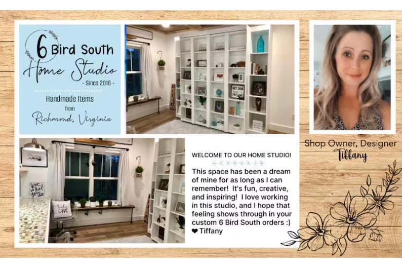 May include: A white bookshelf with multiple shelves filled with various items, including books, decorative items, and framed photos. The bookshelf is in a home studio with a white wall and a wooden floor. The text "WELCOME TO OUR HOME STUDIO!" is written on a white background with a black heart and the text "Tiffany" below it.