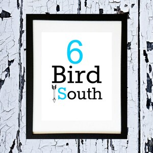 May include: A framed print with the number 6 in blue, the word "Bird" in black, and the word "South" in black with a blue arrow pointing down.