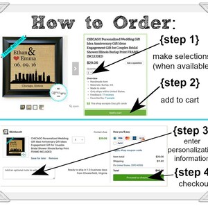 May include: A step-by-step guide on how to order a personalized wedding gift, anniversary gift, or engagement gift. The image shows a framed burlap print with the text "Ethan & Emma 06.09.16 Chicago, Illinois". The steps include making selections, adding to cart, entering personalization information, and checking out.