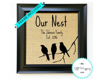 FRAME INCLUDED Housewarming Gift for Family of 3 Three Bird Nest House Warming Gift Ideas New House Gift Idea Welcome Home Gift Burlap Print