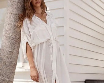 Cotton Maxi Beach Dress White Beach Cover up Ropa de Playa Beach Pareo Tunic Bikini Cover up Kaftan Beach Swim Cover Up, Beachwear