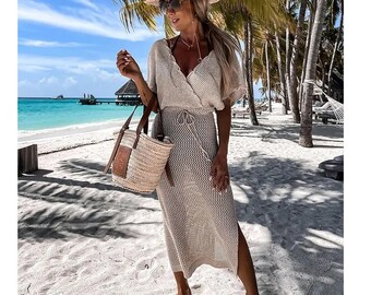 Maxi Beach Cover Up White Beach Ropa de Playa Beach Pareo Tunic Bikini Cover up Beach Swim Cover Up, Beachwear, Katcow