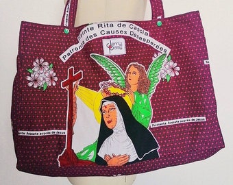Duża torba typu tote, nadruk woskowy, motyw religijny, Święta Rita, Maryja, Jezus, modlitwa, dżins, pagne (afrykańska spódnica kopertowa), torba podręczna, plaża, szkoła, zakupy, zero waste, wegańska