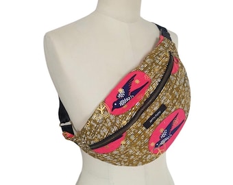 Wax XL fanny pack, Swallows, Speedbird, gold wax, peace, pink, handmade in France, 90s, Fanny pack, wax print, fashion, vegan