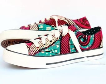 Converse-style low-top sneakers, Dutch wax print, Converse style, Ankara print, African fabric, Afropunk, pink, turquoise, polka dots