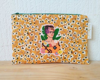 Pochette Frida Kahlo, wax, créations uniques, Si je sors tu sors, Hibiscus, patin à roulette, pois, oeil de ma rivale, pagne, Vegan