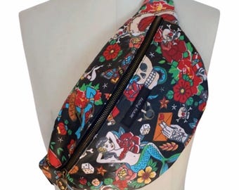 Saszetka biodrowa XL, powlekane płótno, rockabilly, syrena, marynarz, punk, rock, gotyk, ręcznie robione we Francji, lata 90., saszetka biodrowa, wegańska
