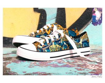 Trampki niskie w stylu Converse, holenderski wosk, Julius, lato, styl Converse, Ankara, pagne, tkanina afrykańska, afropunk, różowy, złoty